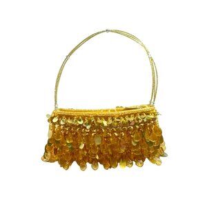 Gold Beaded Evening Handbag With Sequins & Drop Accents Beaded Handle Zipper Clo